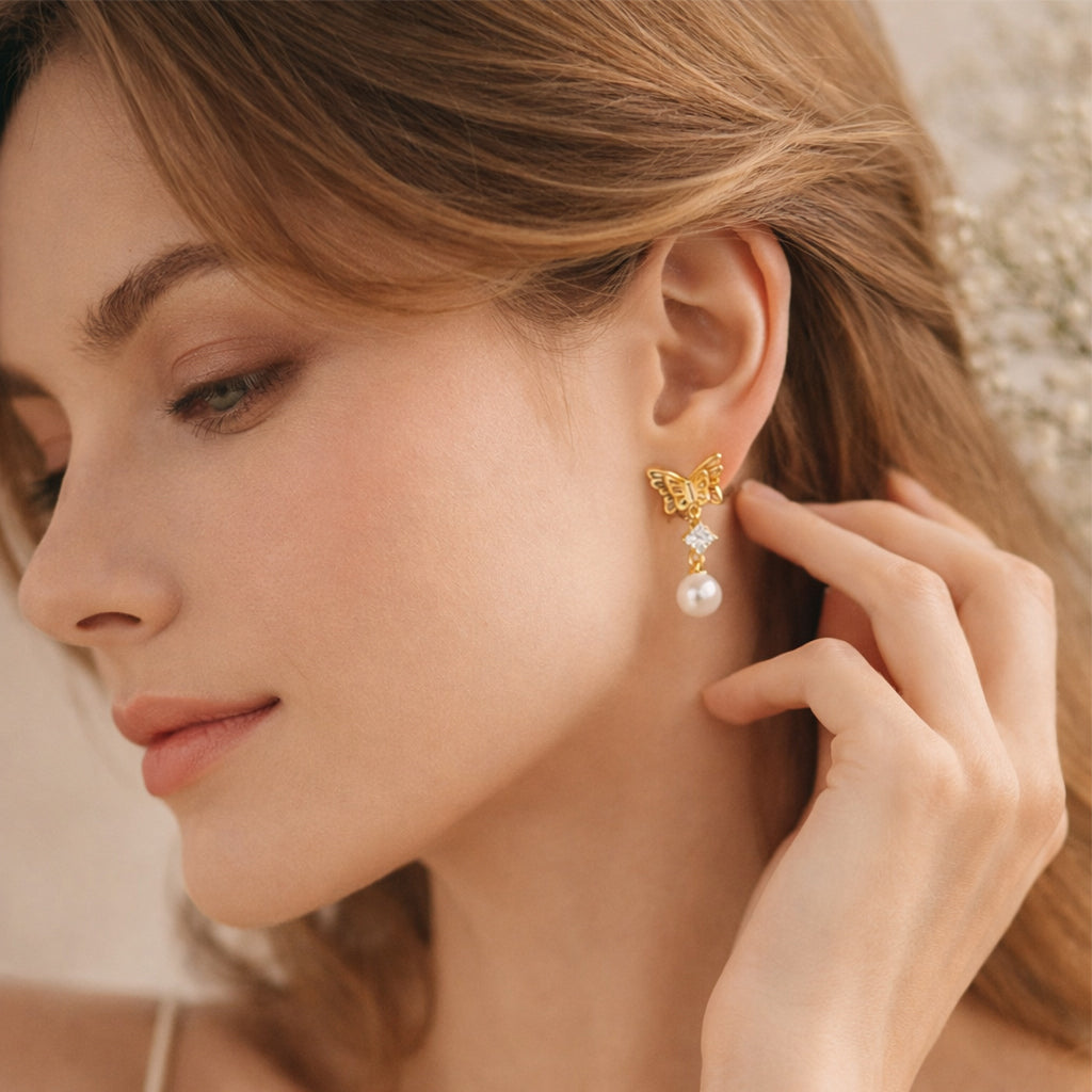 Seren Butterfly Pearl Stud Earrings